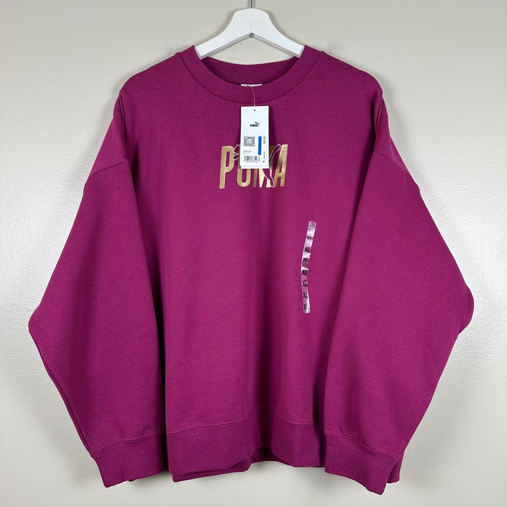 PUMA Women's XL Sweatshirt Berry Pink Gold Metallic ESS Shine Crew y2k NEW